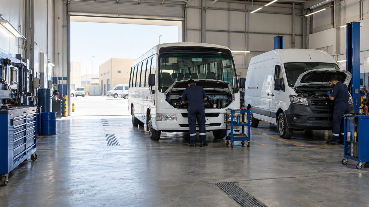 Service bay with a minibus and a panel van raised for maintenance, technicians working at the open engine bays.