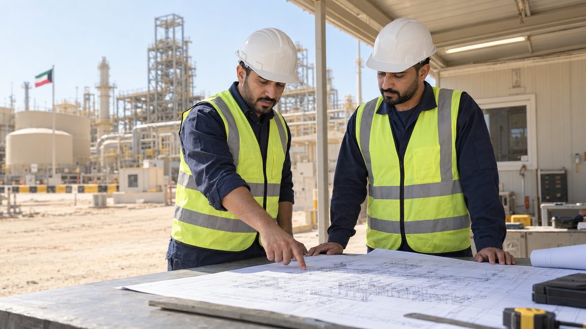 Two site engineers in hard hats reviewing technical drawings at an industrial plant.