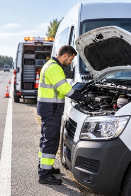 A technician in high-visibility clothing working on a broken-down van at the roadside, with a recovery truck behind.