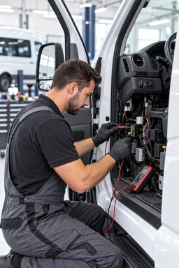 A technician testing a van's dashboard wiring with a multimeter.
