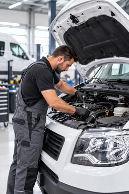 A technician repairing the engine of a white van under its raised bonnet.