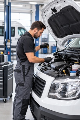 A technician checking fluid levels under the open bonnet of a white van in the workshop.