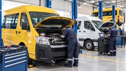Mechanical technicians servicing commercial vans in workshop.