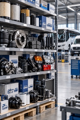 Parts racking with brake discs, suspension parts and headlights beside a bus in the fleet workshop.