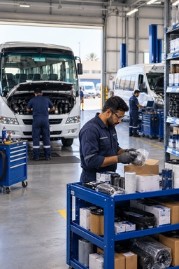A technician unpacking parts from a stocked trolley in a workshop while buses are serviced behind him.