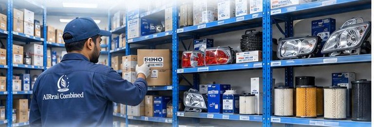 An AlRrai Combined technician taking a boxed part from workshop shelving stocked with filters, lights and components.