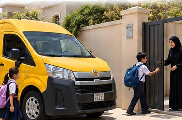 A yellow school bus outside a family home as a girl walks towards it and a boy is seen off at the gate by his mother.