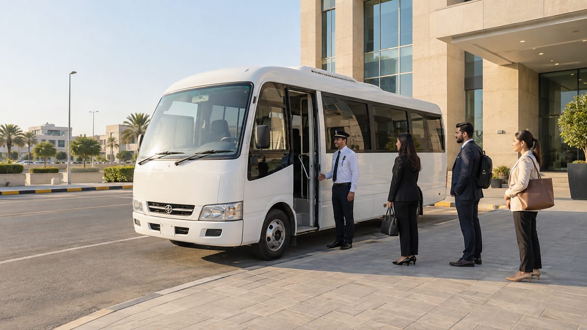 Office employees boarding a coaster outside a corporate building, the driver assisting at the door.