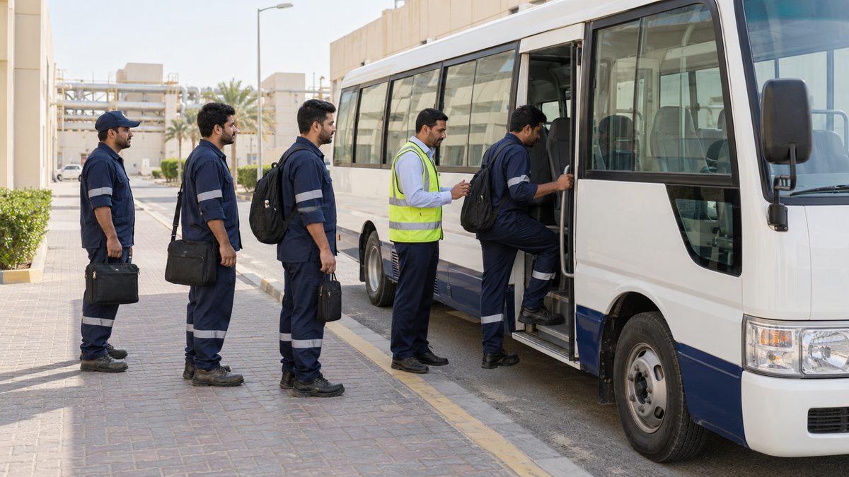 Staff in work uniforms boarding a company coaster in an orderly queue while a supervisor checks them on.